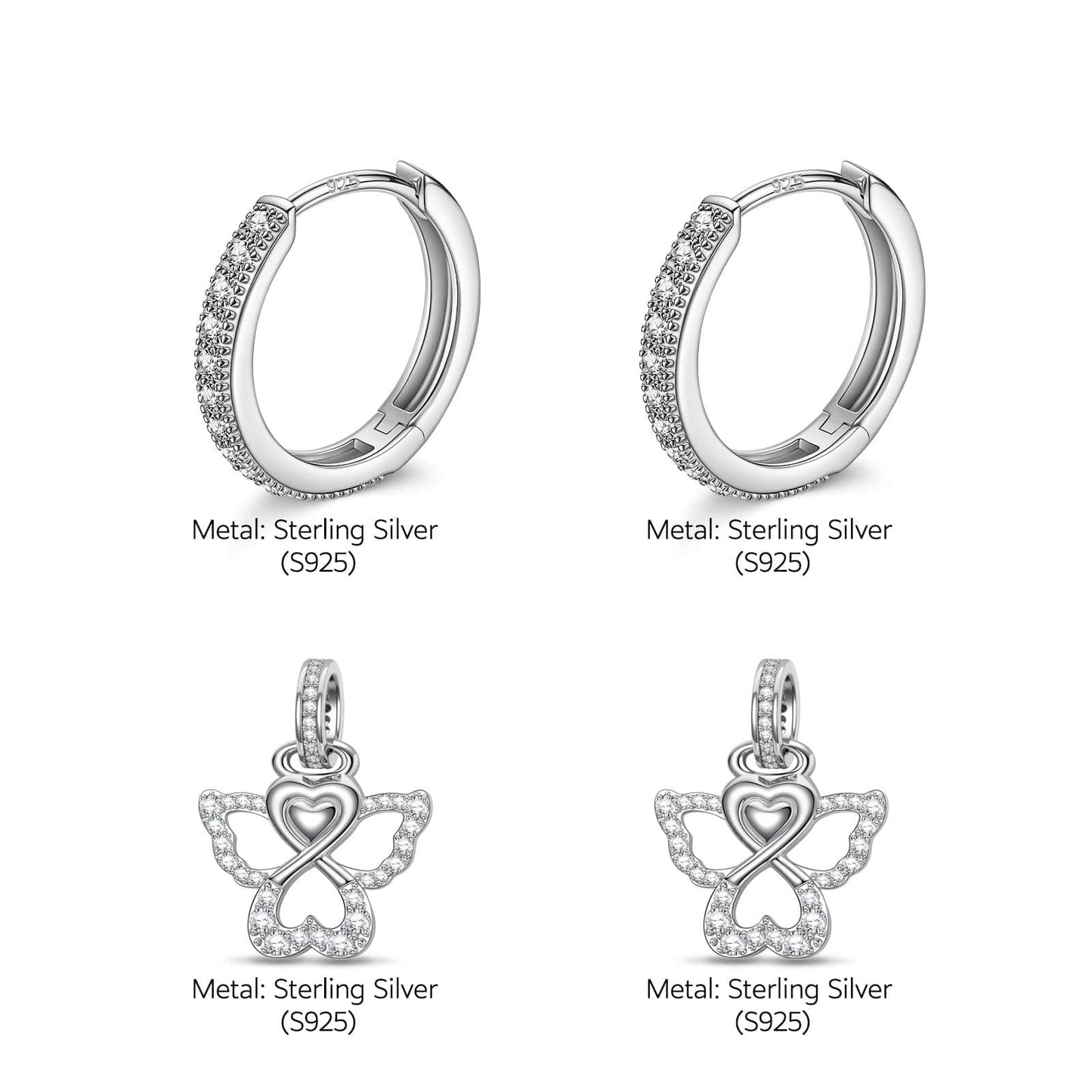 Sterling Silver Little Angel Charms Earrings Set In White Gold Plated