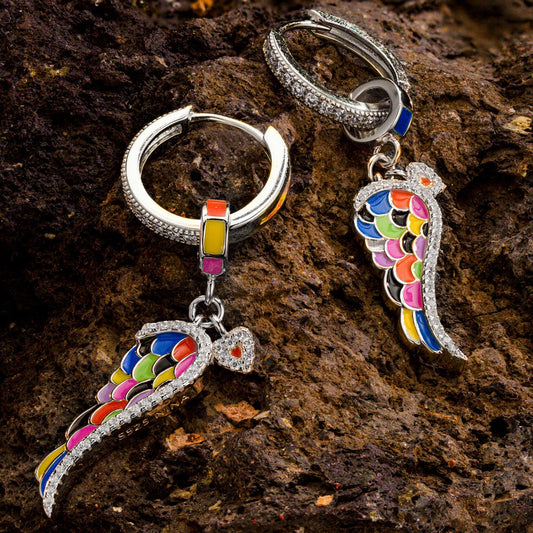 gon- Sterling Silver Colorful Wings Charms Earrings Set With Enamel In White Gold Plated