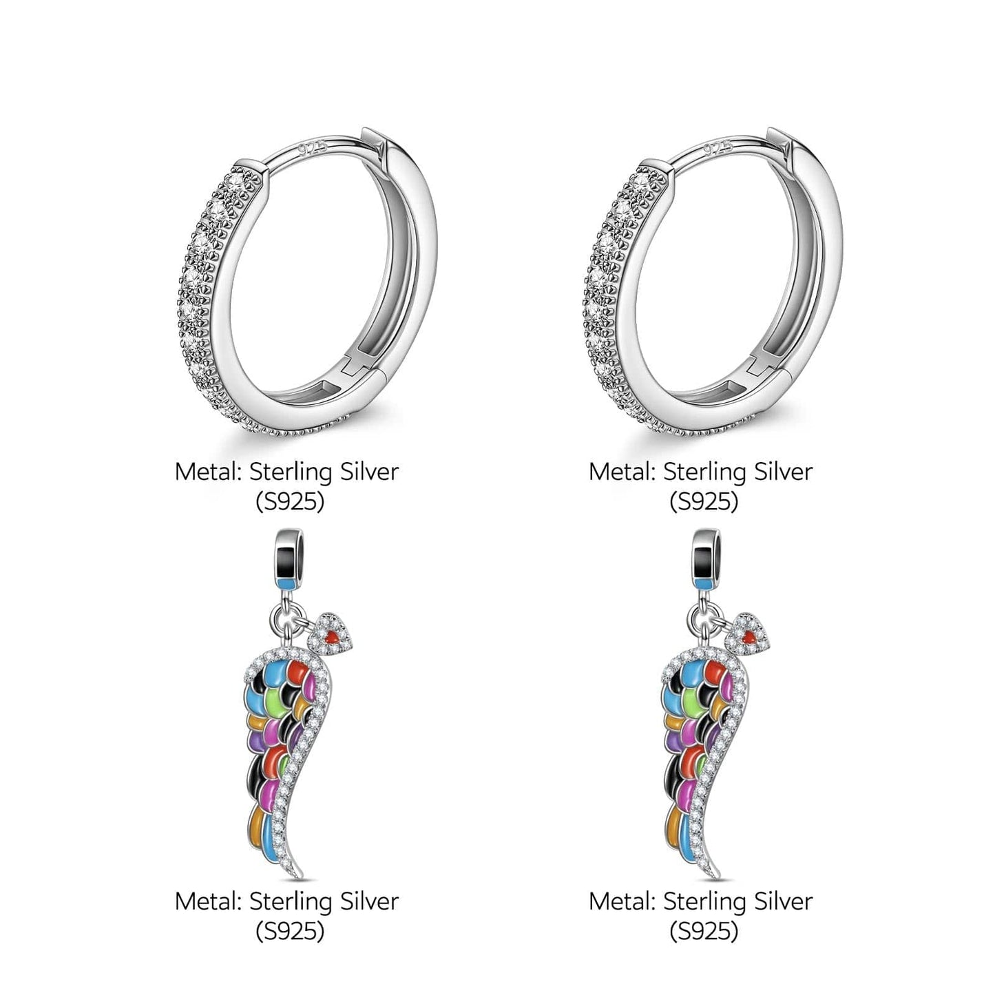 Sterling Silver Colorful Wings Charms Earrings Set With Enamel In White Gold Plated