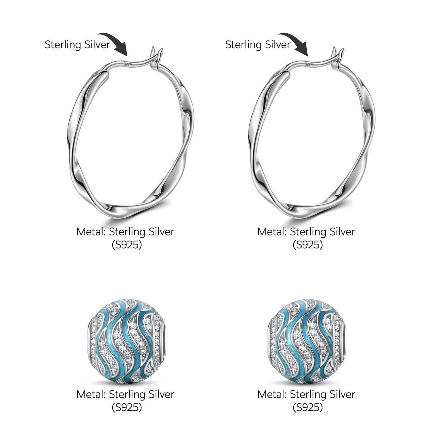 Sterling Silver Embrace the Surges Charms Earrings Set With Enamel In White Gold Plated