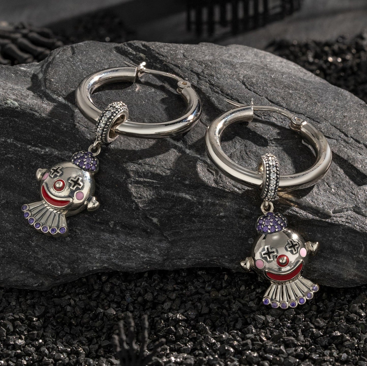 Sterling Silver Harlequin's Haunt Charms Earrings Set With Enamel In White Gold Plated