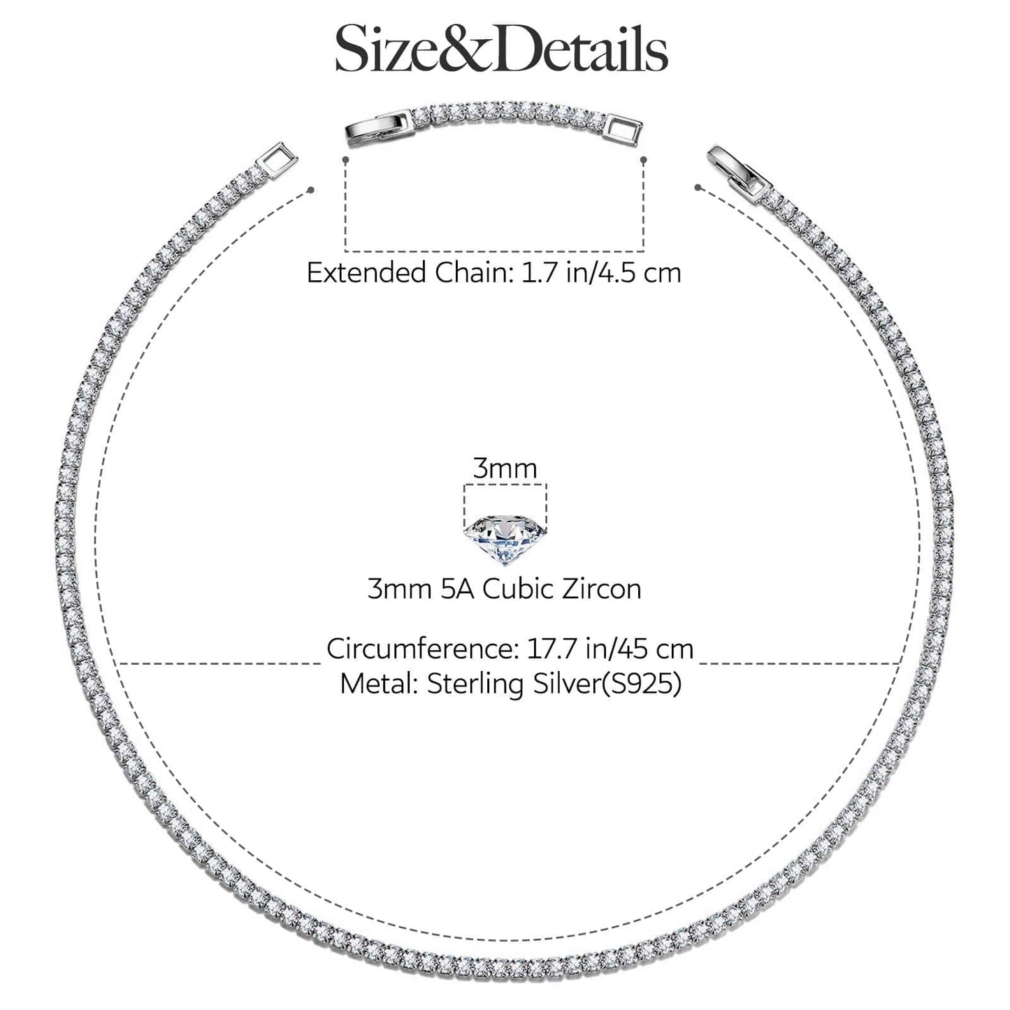 Sterling Silver Classic Tennis Necklace In White Gold Plated
