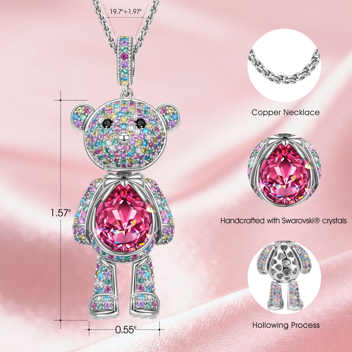 Forever Teddy Bear Pendant Rope Chain Necklace In White Gold Plated -Created With SWAROVSKI® Crystals