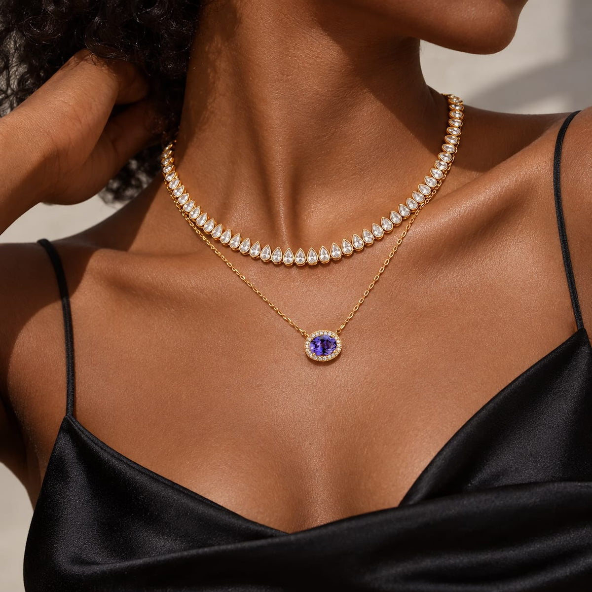 Glistening Droplets Tarnish-resistant Silver Tennis Necklace Chain In 14K Gold Plated