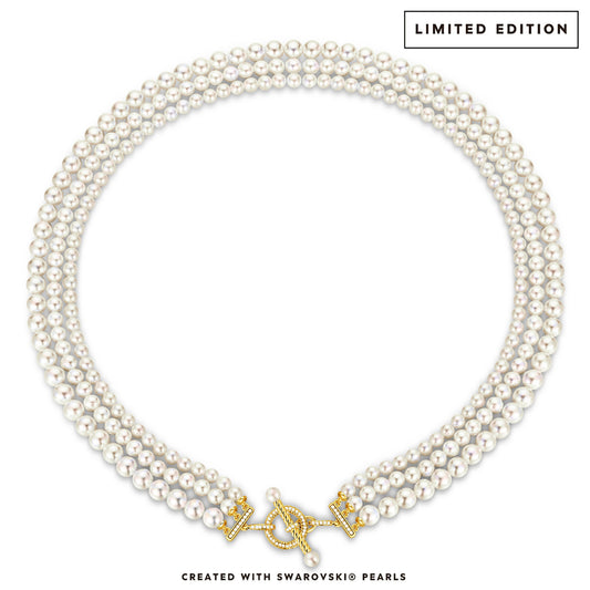 gona- Tarnish-resistant Silver Vintage-Inspired Triple Row Pearl Necklace with Gold-Tone T-Bar Clasp - Created With Swarovski® Pearls 4mm-6mm
