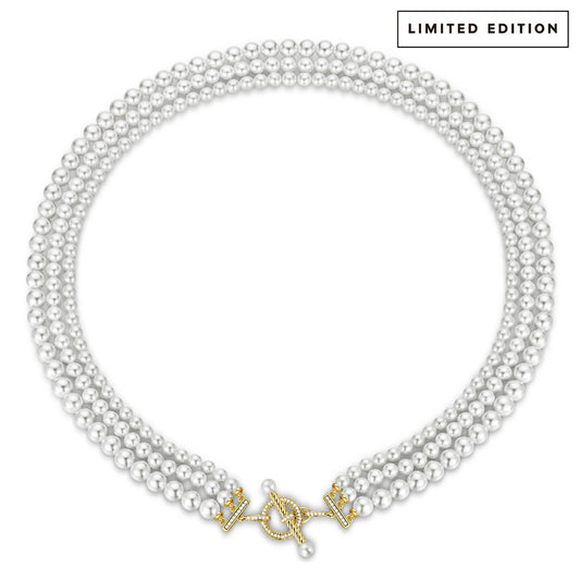 gona- Tarnish-resistant Silver Vintage-Inspired Triple Row Pearl Necklace with Gold-Tone T-Bar Clasp - Created With 4.5mm-6mm Shell Pearls
