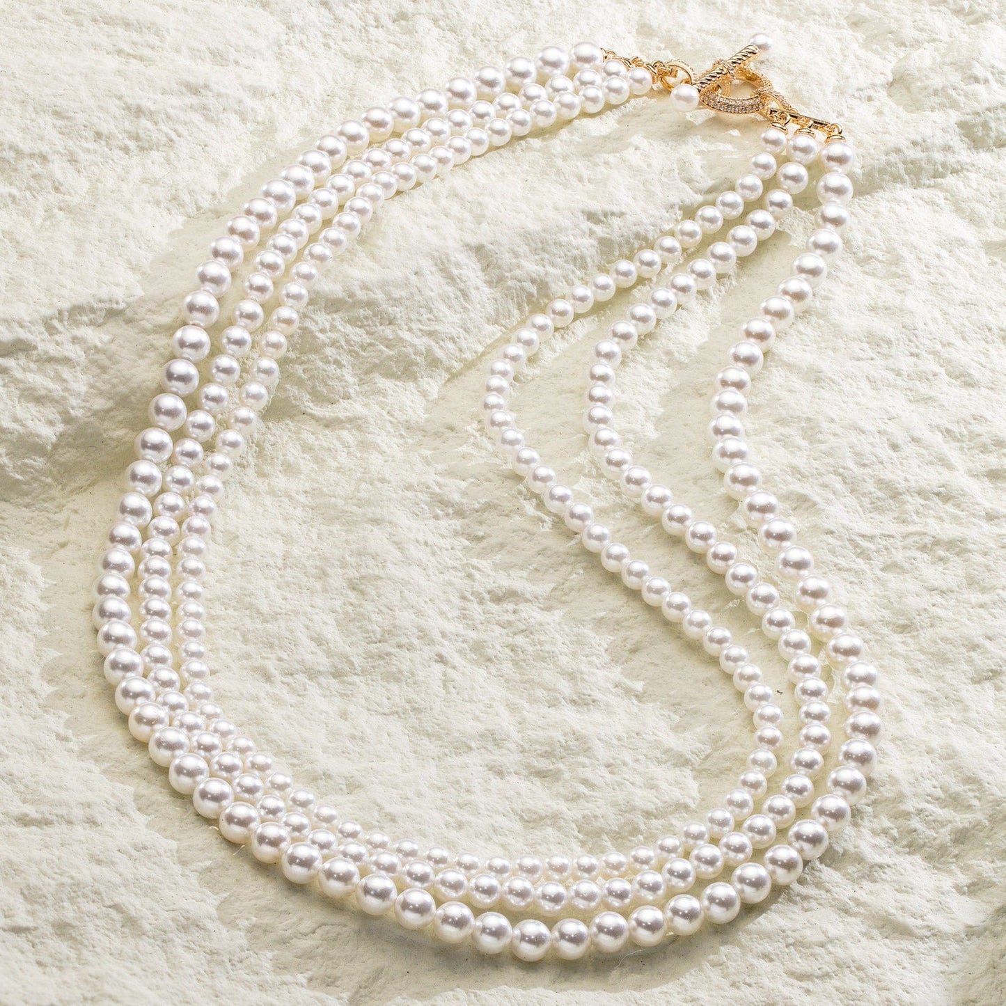 Tarnish-resistant Silver Vintage-Inspired Triple Row Pearl Necklace with Gold-Tone T-Bar Clasp - Created With 4.5mm-6mm Shell Pearls