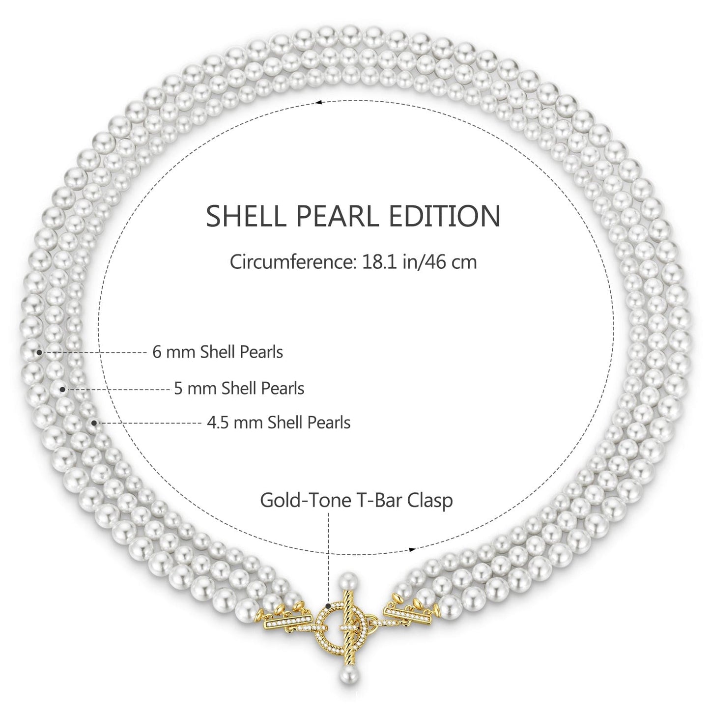 Tarnish-resistant Silver Vintage-Inspired Triple Row Pearl Necklace with Gold-Tone T-Bar Clasp - Created With 4.5mm-6mm Shell Pearls