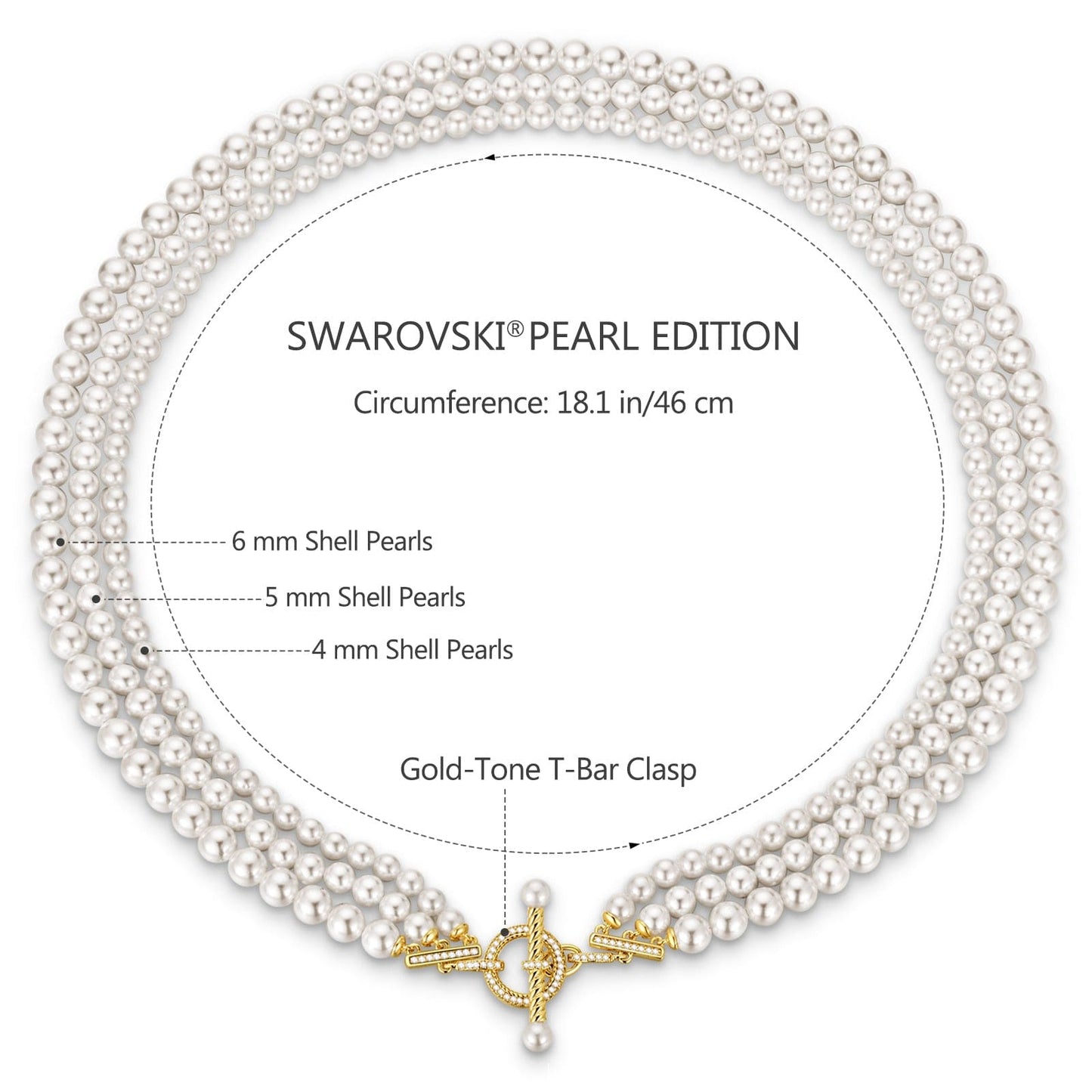 Tarnish-resistant Silver Vintage-Inspired Triple Row Pearl Necklace with Gold-Tone T-Bar Clasp - Created With Swarovski® Pearls 4mm-6mm