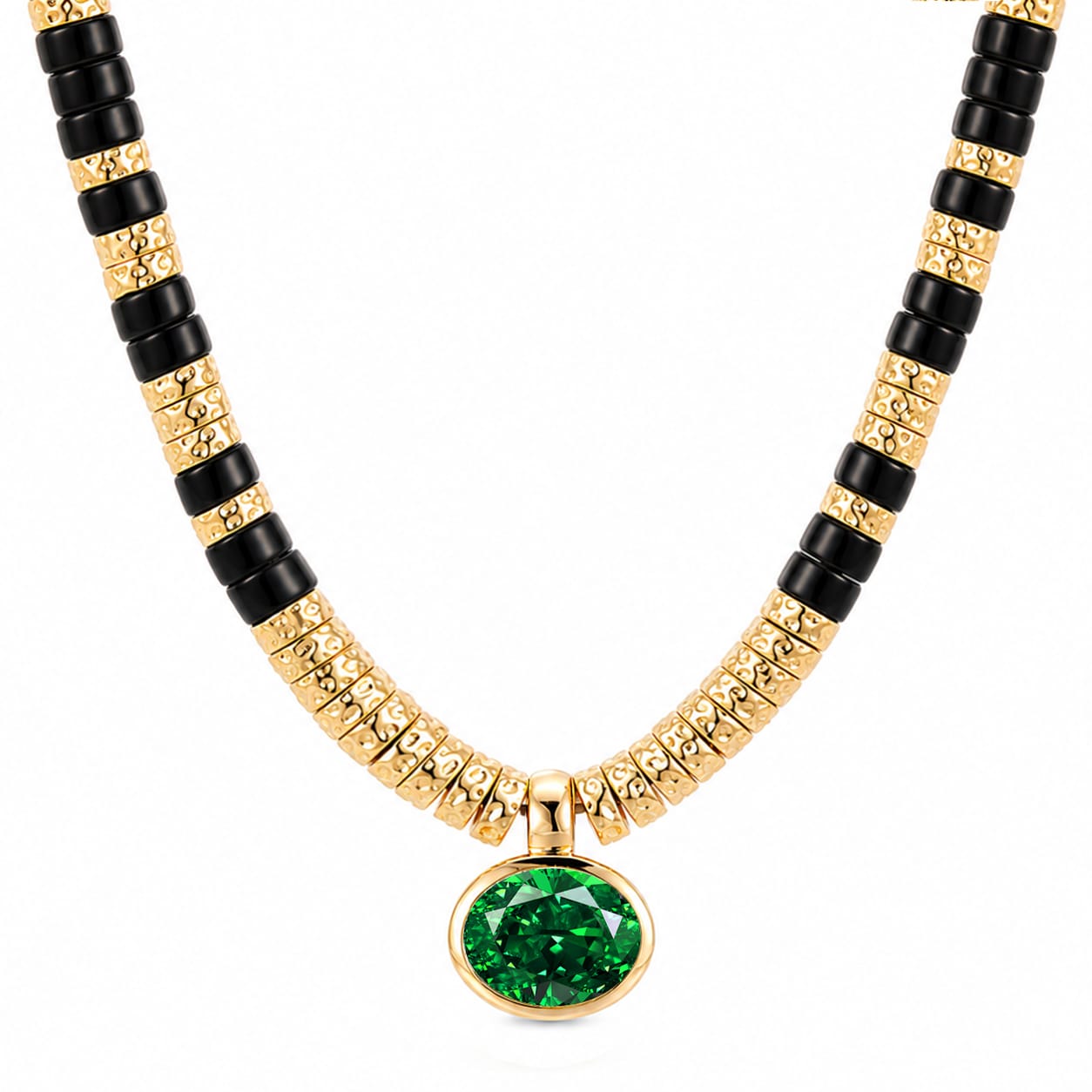 LIMITED RESTOCK· SHIPS FROM JULY 13: Black Onyx & Zambian Emerald Oval-Cut Focal Gemstone Solitaire Pendant Necklace in Tarnish-Resistant Silver with 14K Gold Plating (Comes with Authentic GRC Gemstone Research Center Certification)