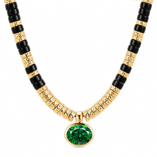 gona- Black Onyx & Zambian Emerald Oval-Cut Focal Gemstone Solitaire Pendant Necklace in Tarnish-Resistant Silver with 14K Gold Plating (Comes with Authentic GRC Gemstone Research Center Certification)