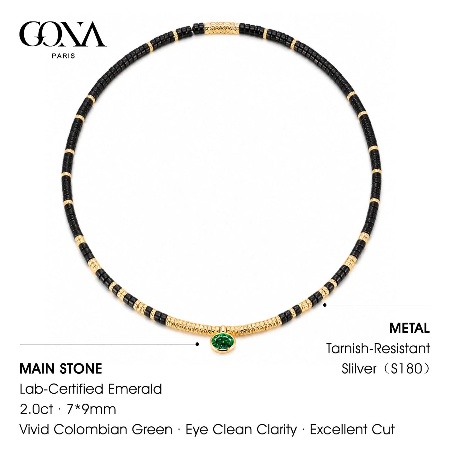 Black Onyx & Zambian Emerald Oval-Cut Focal Gemstone Solitaire Pendant Necklace in Tarnish-Resistant Silver with 14K Gold Plating (Comes with Authentic GRC Gemstone Research Center Certification)