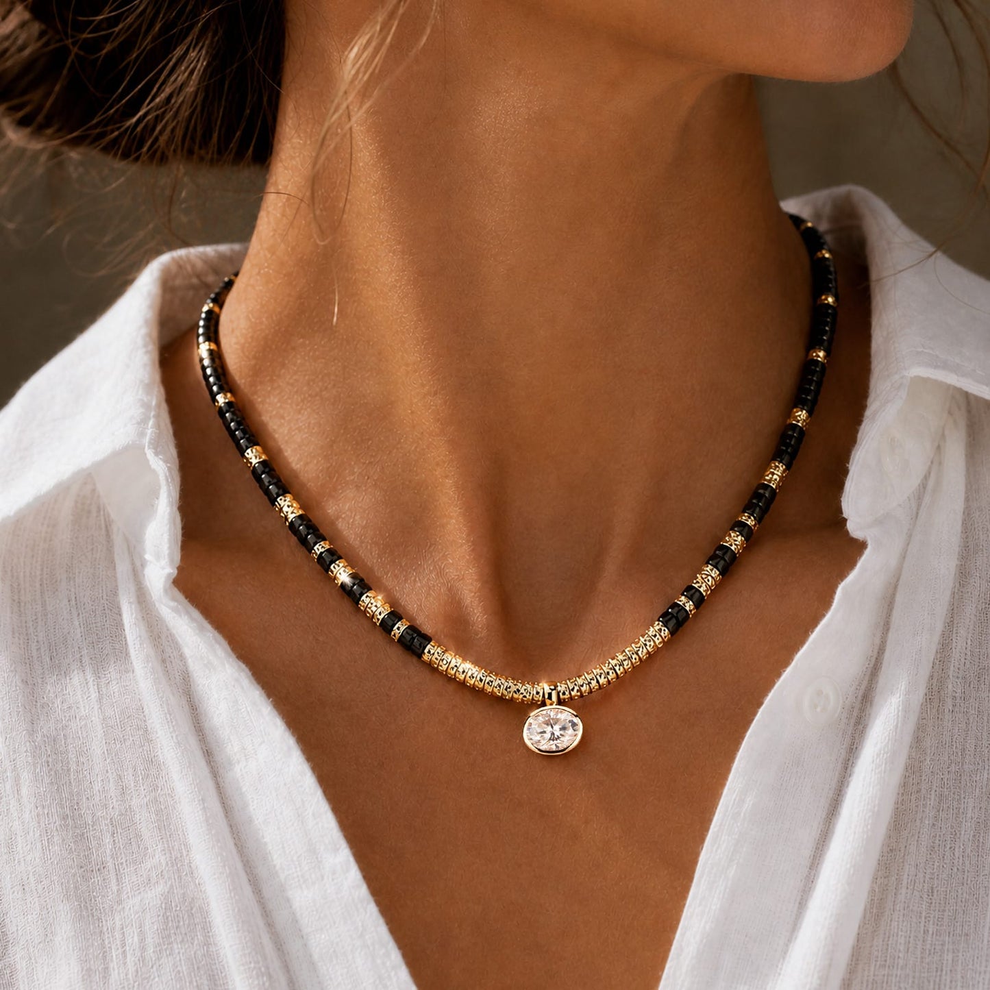 Black Onyx & Moissanite Oval-Cut Focal Gemstone Solitaire Pendant Necklace in Tarnish-Resistant Silver with 14K Gold Plating (Comes with Authentic GRA Gemological Research Association Certification)