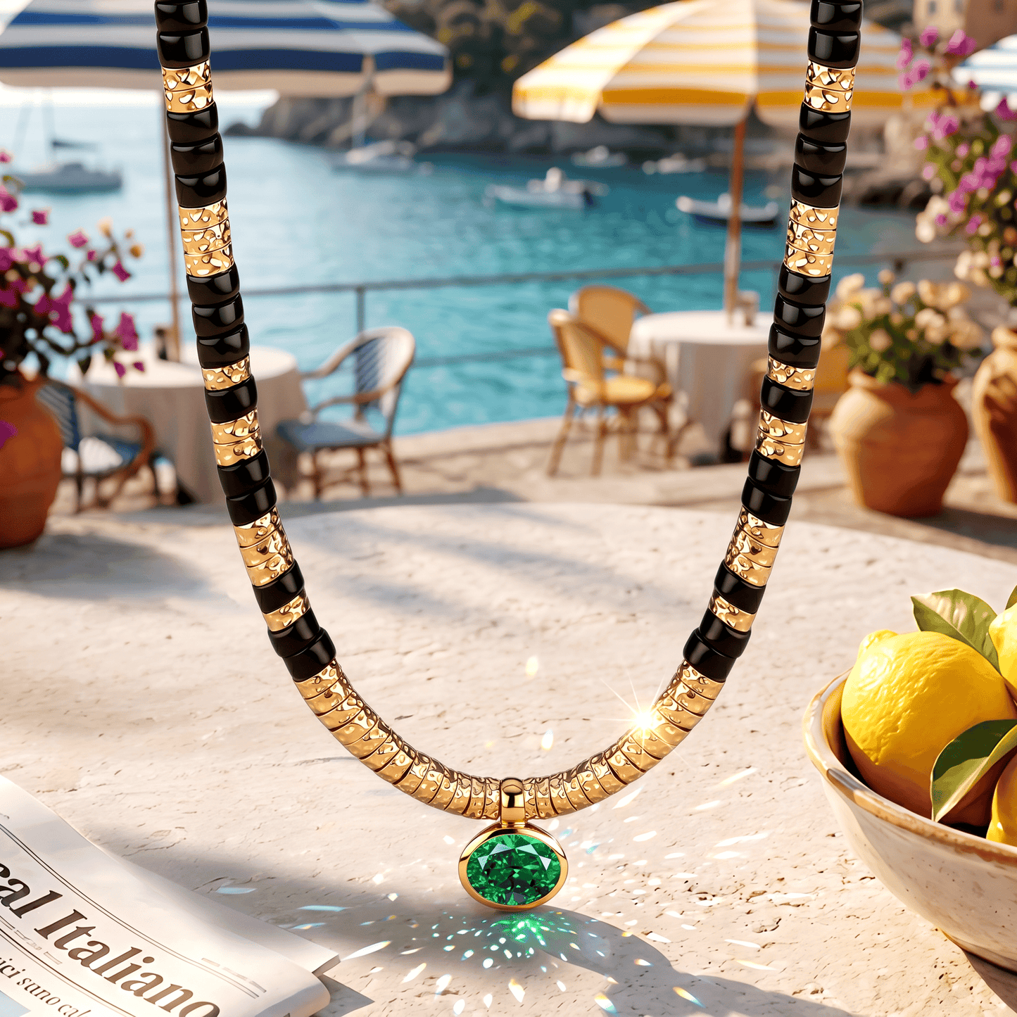 LIMITED RESTOCK· SHIPS FROM JULY 13: Black Onyx & Zambian Emerald Oval-Cut Focal Gemstone Solitaire Pendant Necklace in Tarnish-Resistant Silver with 14K Gold Plating (Comes with Authentic GRC Gemstone Research Center Certification)