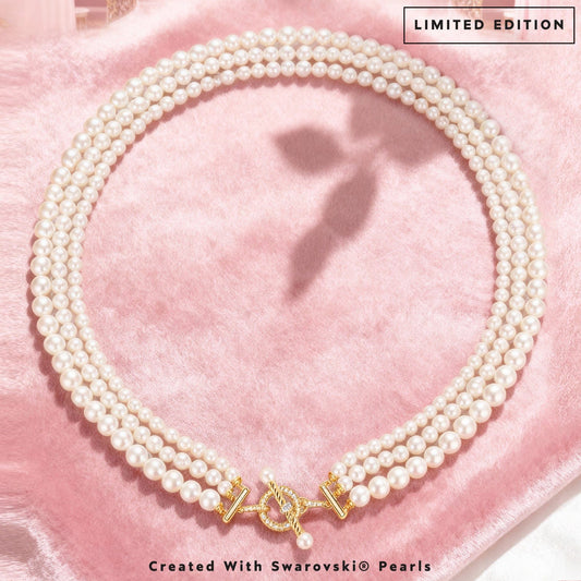 gona- Tarnish-resistant Silver Vintage-Inspired Triple Row Pearl Necklace with Gold-Tone T-Bar Clasp - Created With Swarovski® Pearls 4mm-6mm