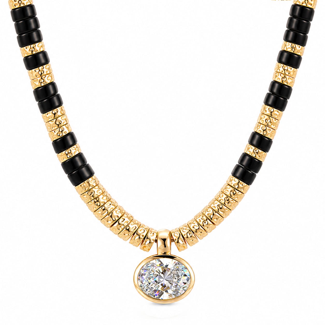 Black Onyx & Moissanite Oval-Cut Focal Gemstone Solitaire Pendant Necklace in Tarnish-Resistant Silver with 14K Gold Plating (Comes with Authentic GRA Gemological Research Association Certification)