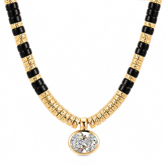 gona- Black Onyx & Moissanite Oval-Cut Focal Gemstone Solitaire Pendant Necklace in Tarnish-Resistant Silver with 14K Gold Plating (Comes with Authentic GRA Gemological Research Association Certification)