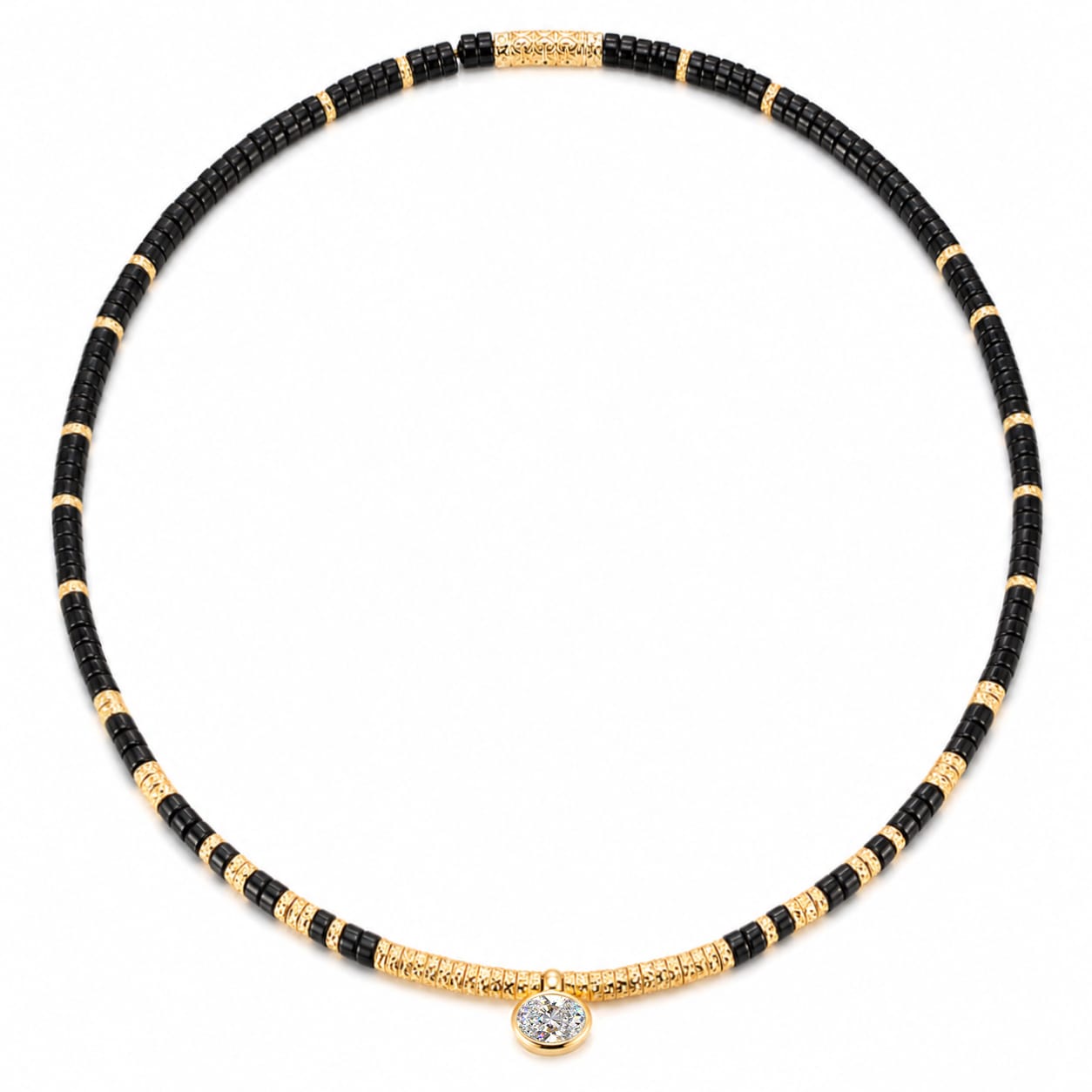 Black Onyx & Moissanite Oval-Cut Focal Gemstone Solitaire Pendant Necklace in Tarnish-Resistant Silver with 14K Gold Plating (Comes with Authentic GRA Gemological Research Association Certification)