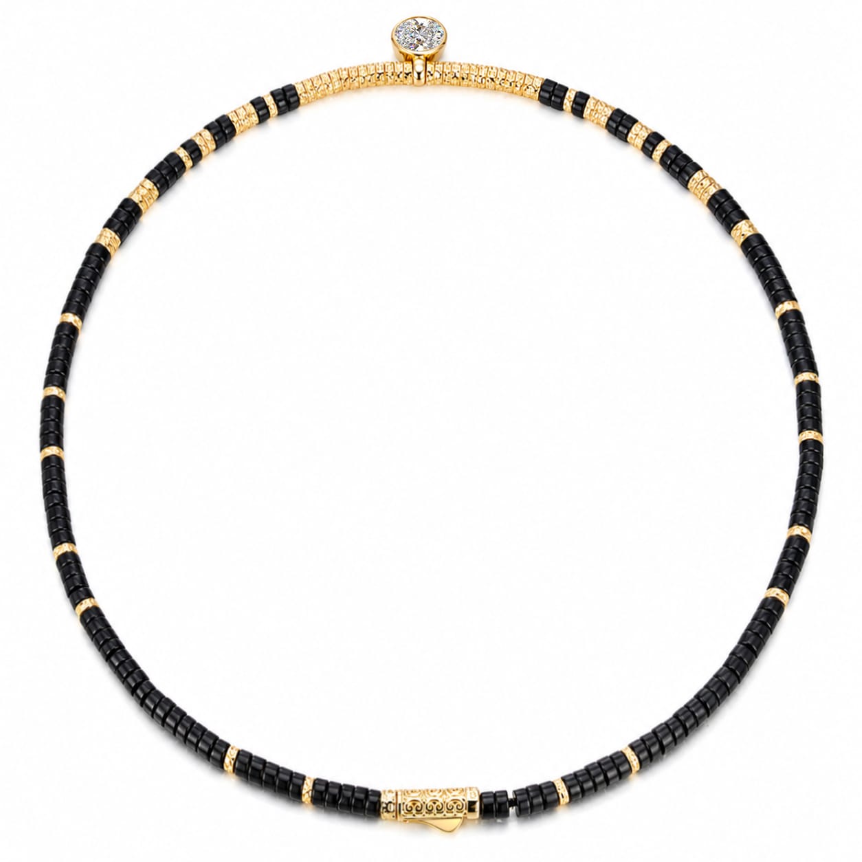Black Onyx & Moissanite Oval-Cut Focal Gemstone Solitaire Pendant Necklace in Tarnish-Resistant Silver with 14K Gold Plating (Comes with Authentic GRA Gemological Research Association Certification)