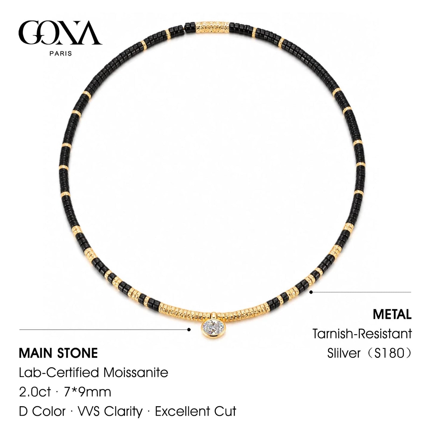 Black Onyx & Moissanite Oval-Cut Focal Gemstone Solitaire Pendant Necklace in Tarnish-Resistant Silver with 14K Gold Plating (Comes with Authentic GRA Gemological Research Association Certification)