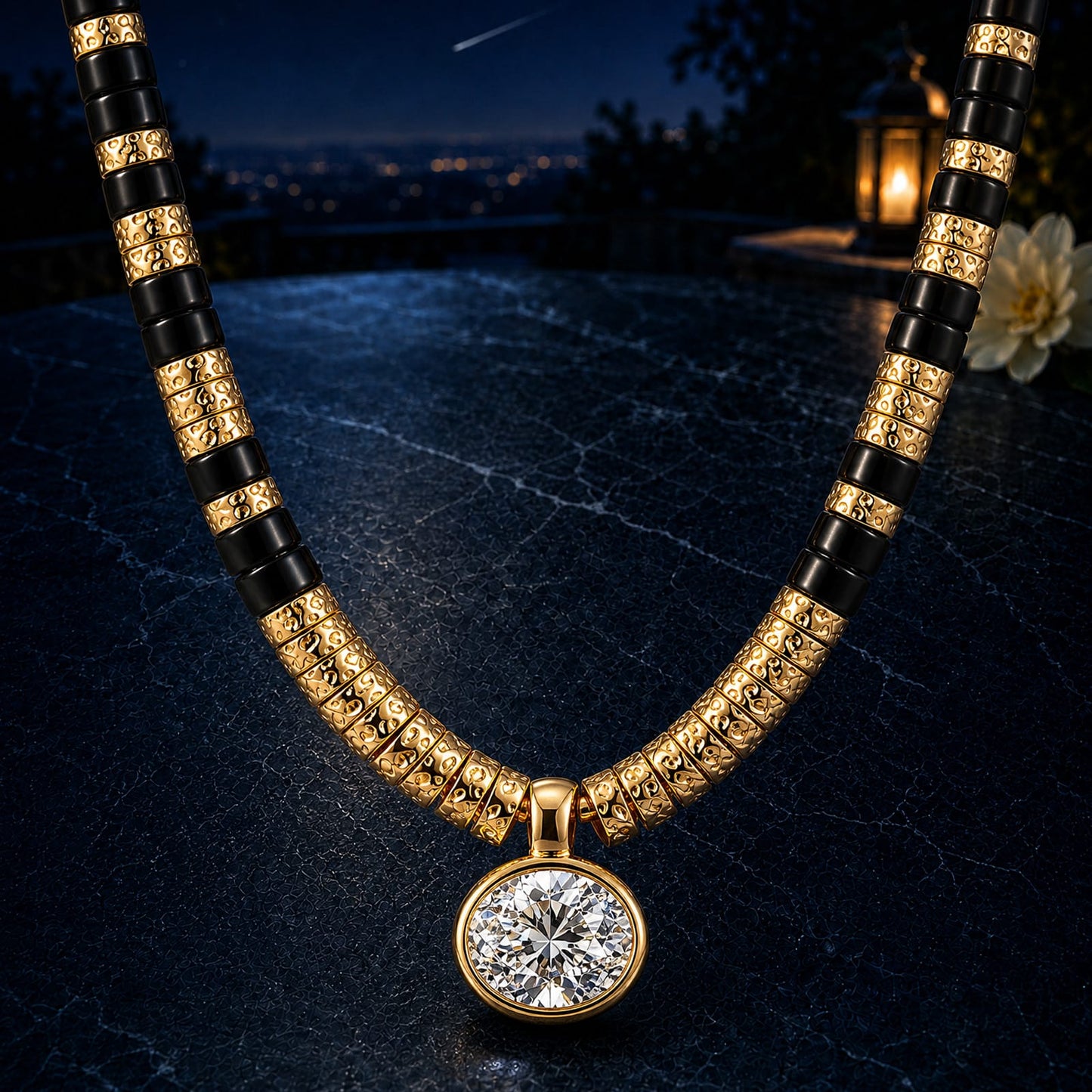 Black Onyx & Moissanite Oval-Cut Focal Gemstone Solitaire Pendant Necklace in Tarnish-Resistant Silver with 14K Gold Plating (Comes with Authentic GRA Gemological Research Association Certification)