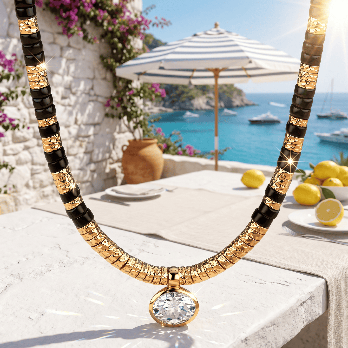 Black Onyx & Moissanite Oval-Cut Focal Gemstone Solitaire Pendant Necklace in Tarnish-Resistant Silver with 14K Gold Plating (Comes with Authentic GRA Gemological Research Association Certification)
