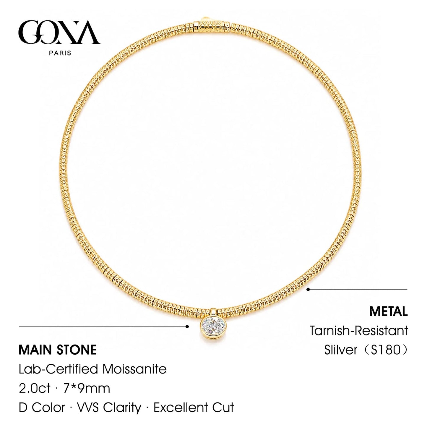 Solitaire Moissanite Oval-Cut Focal Gemstone Pendant Necklace in Tarnish-Resistant Silver with 14K Gold Plating (Comes with Authentic GRA Gemological Research Association Certification)