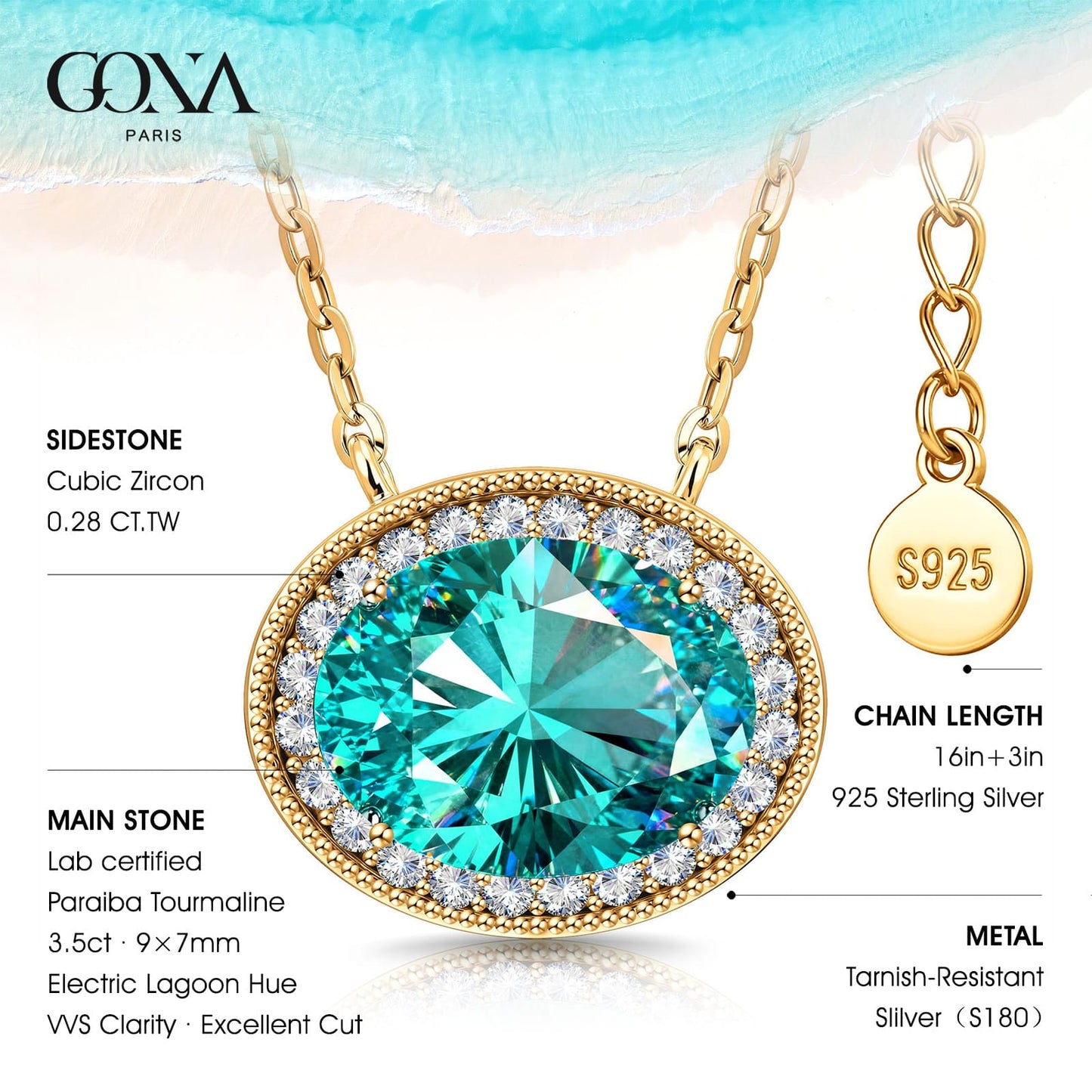 Sterling Silver 3.5 CT Paraiba Neon Greenish Blue Oval Pendant Necklace With 14K Gold Plating (Includes GRC Certification From Gemstone Research Center)