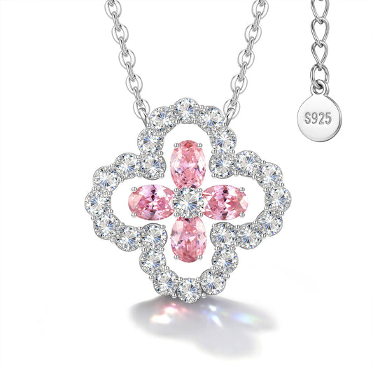 gona- Sterling Silver Fleur Quadrifoglio Gem Pendant Necklace In White Gold Plated