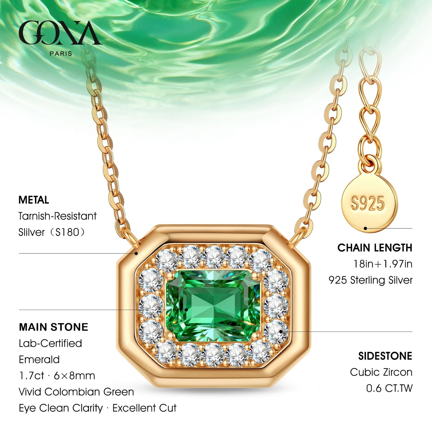 Sterling Silver Emerald Pendant Necklace In 14K Gold Plated (Includes GRC Certification from Gemstone Research Center)
