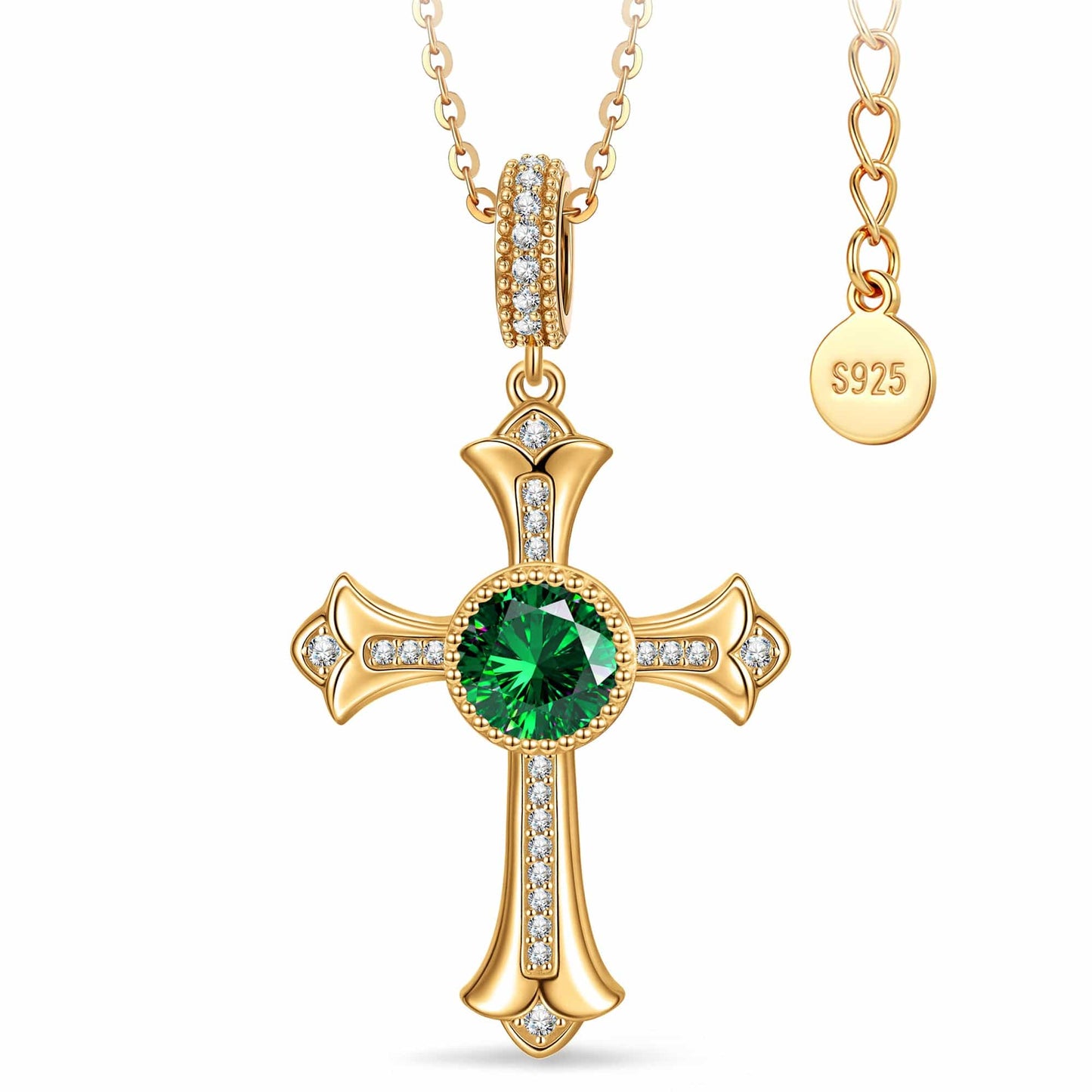 Sterling Silver Cross Necklace with Emerald In 14K Gold Plated (Includes GRC Certification from Gemstone Research Center)