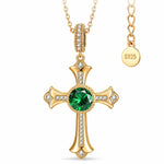 Sterling Silver Cross Necklace with Emerald In 14K Gold Plated (Includes GRC Certification from Gemstone Research Center)
