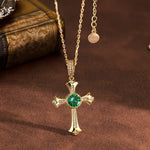 Sterling Silver Cross Necklace with Emerald In 14K Gold Plated (Includes GRC Certification from Gemstone Research Center)
