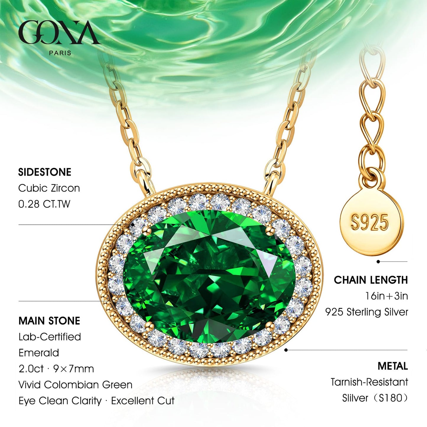 Sterling Silver 2.0 CT Zambian Emerald Oval Pendant Necklace With 14K Gold Plating (Includes GRC Certification From Gemstone Research Center)