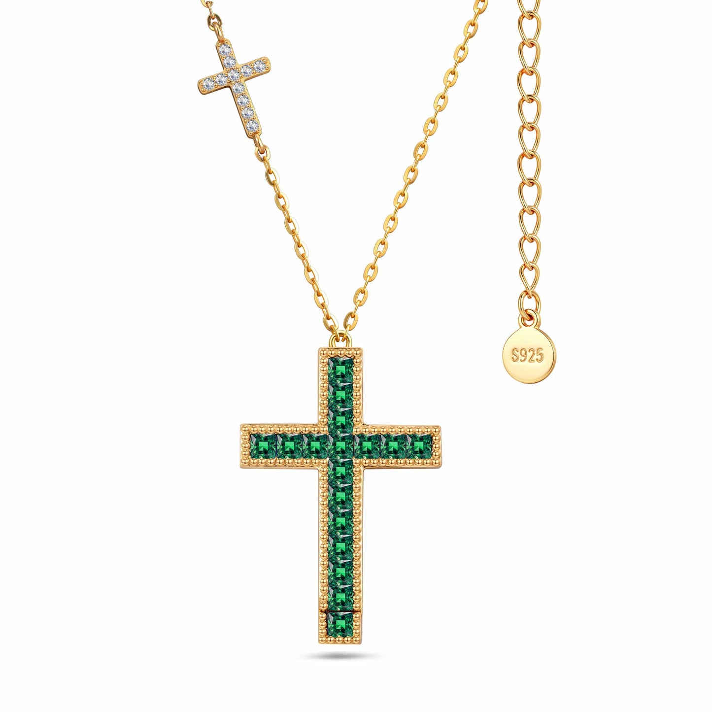 Sterling Silver Zambian Emerald Princess-Cut Station Necklace With 14K Gold Plating (Includes GRC Certification From Gemstone Research Center)