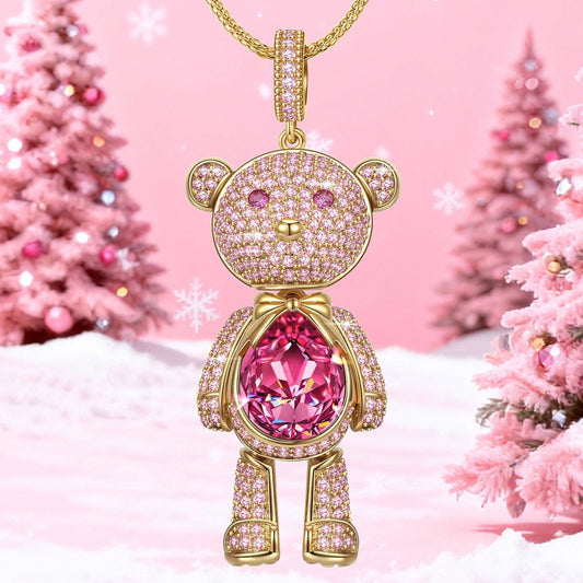gona- Sterling Silver Forever Teddy Bear Pendant Link Chain Necklace In 14K Gold Plated -Created With SWAROVSKI® Crystals