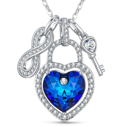 gona- Sterling Silver Blue Tide Heart Charm Necklace In White Gold Plated - Handcrafted with Swarovski® Crystals