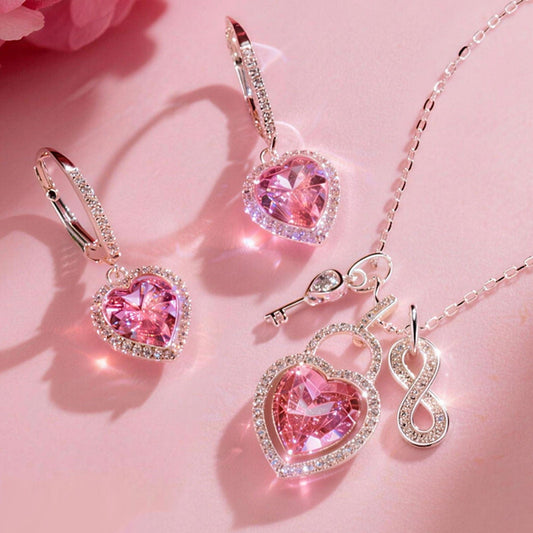 gona- Sterling Silver Light Rose Heart Crystal Necklace and Earrings Set In 14K White Gold Plated - Created With SWAROVSKI® Crystals