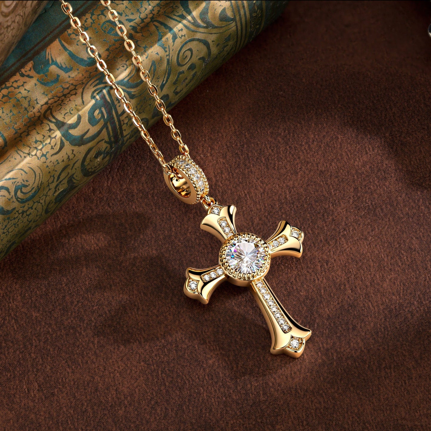 Sterling Silver Cross Necklace with Moissanite In 14K Gold Plated (Includes GRA Certification from Gemological Research Association)