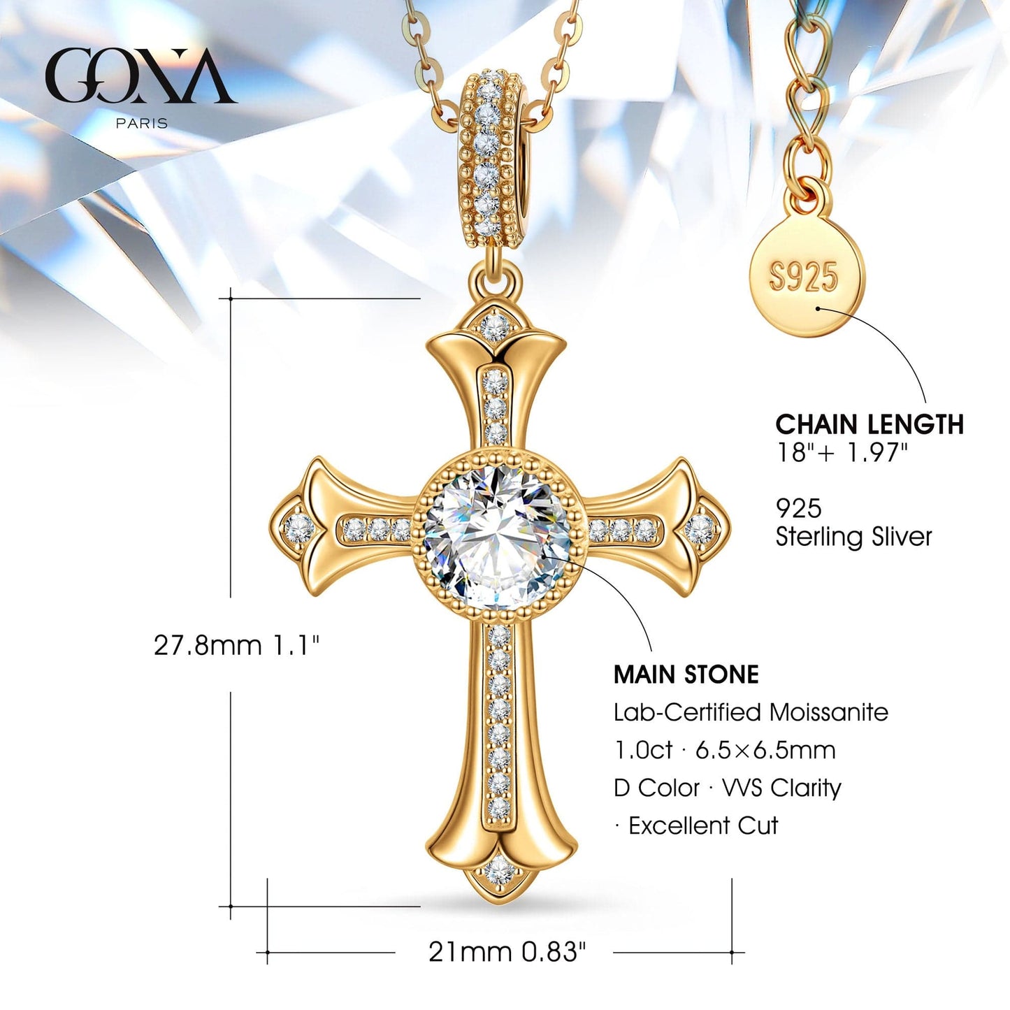 Sterling Silver Cross Necklace with Moissanite In 14K Gold Plated (Includes GRA Certification from Gemological Research Association)