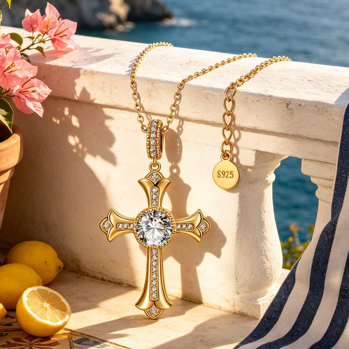 Sterling Silver Cross Necklace with Moissanite In 14K Gold Plated (Includes GRA Certification from Gemological Research Association)