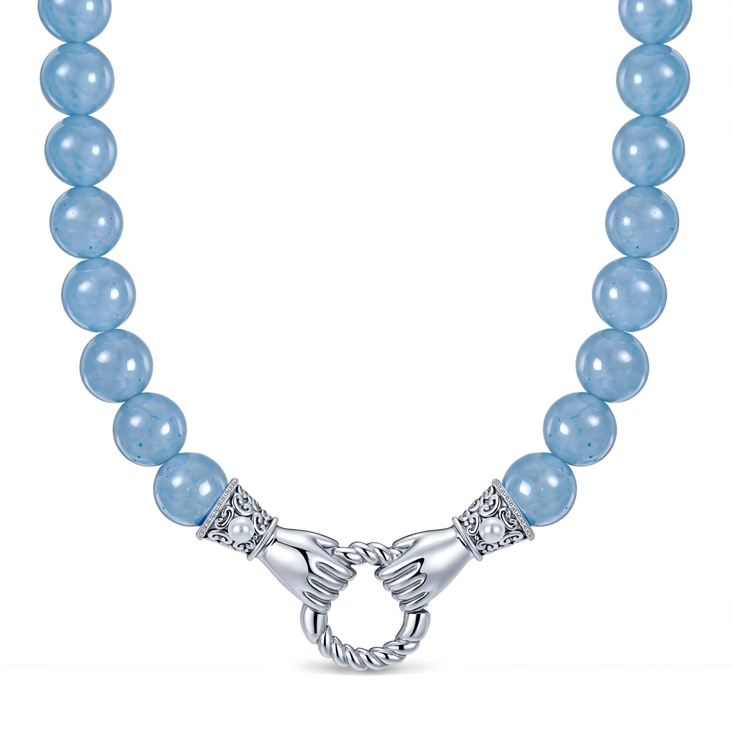 Vintage Filigree Claddagh Hand Link Aquamarine Chalcedony Necklace in Tarnish-Resistant Silver with White Gold Plating