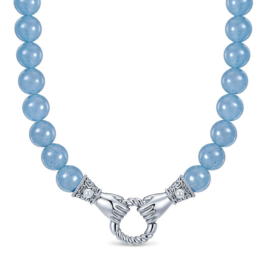 gona- Vintage Filigree Claddagh Interchangeable Charm Holder Aquamarine Beaded Necklace in Tarnish-Resistant Silver