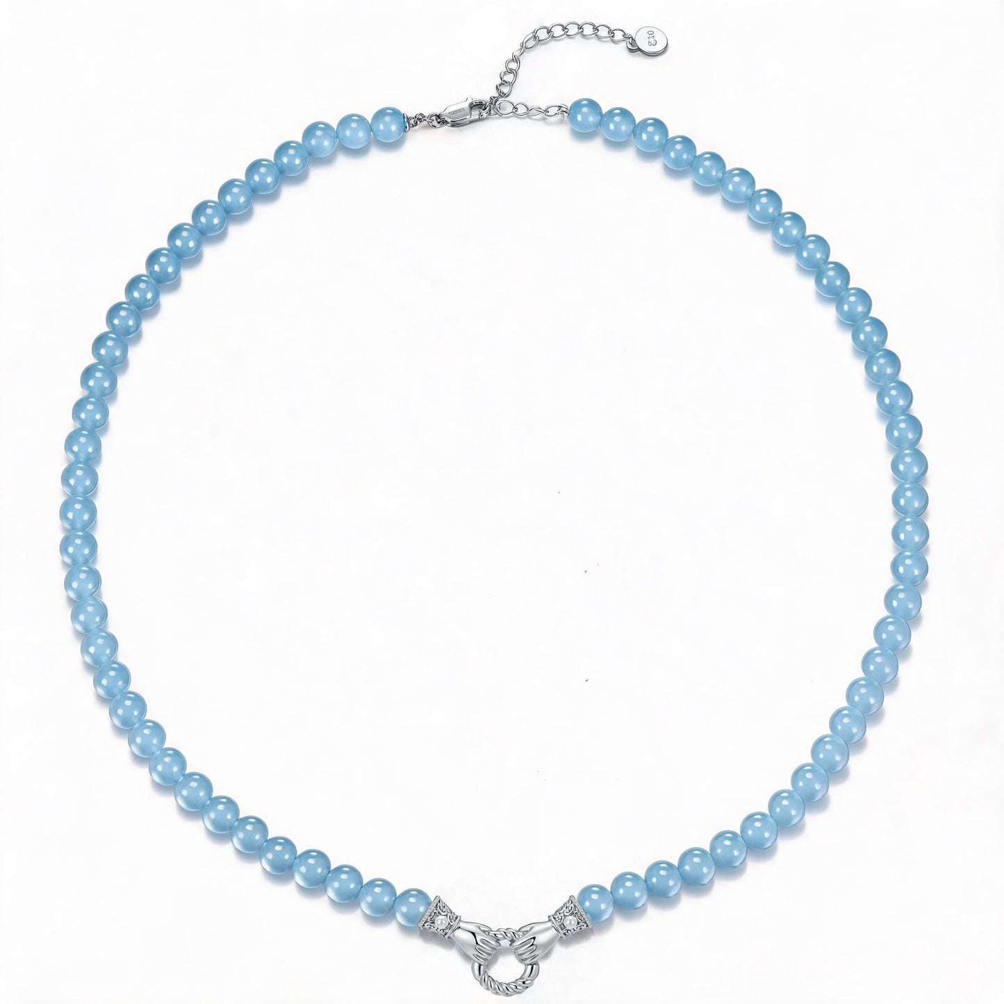 Vintage Filigree Claddagh Hand Link Aquamarine Chalcedony Necklace in Tarnish-Resistant Silver with White Gold Plating