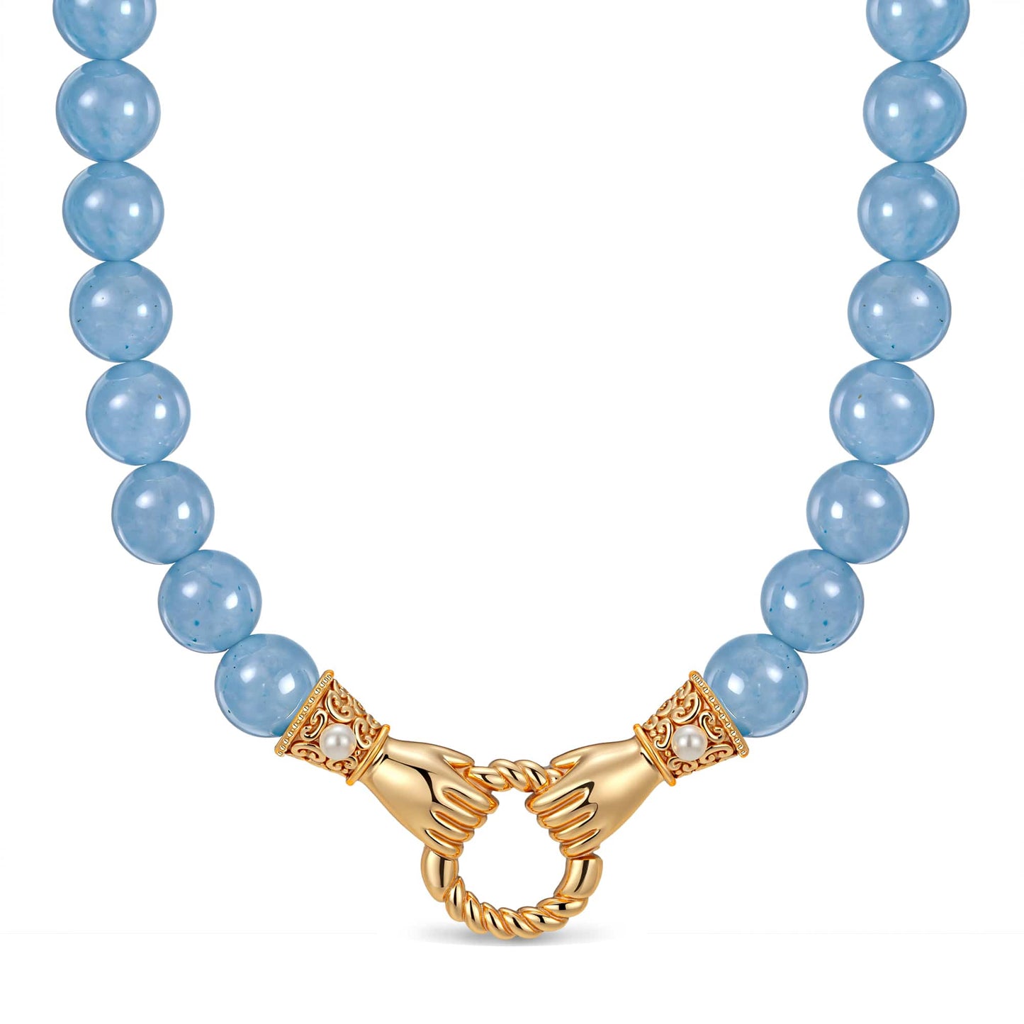 Claddagh Unity Hand Clasp Aquamarine Chalcedony Necklace in Tarnish-Resistant Silver with 14K Gold Plating