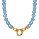Claddagh Unity Hand Clasp Aquamarine Chalcedony Necklace in Tarnish-Resistant Silver with 14K Gold Plating