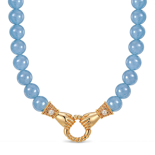 gona- Claddagh Unity Hand Clasp Interchangeable Dangle Charm Holder Aquamarine Chalcedony Beaded Necklace in Tarnish-Resistant Silver