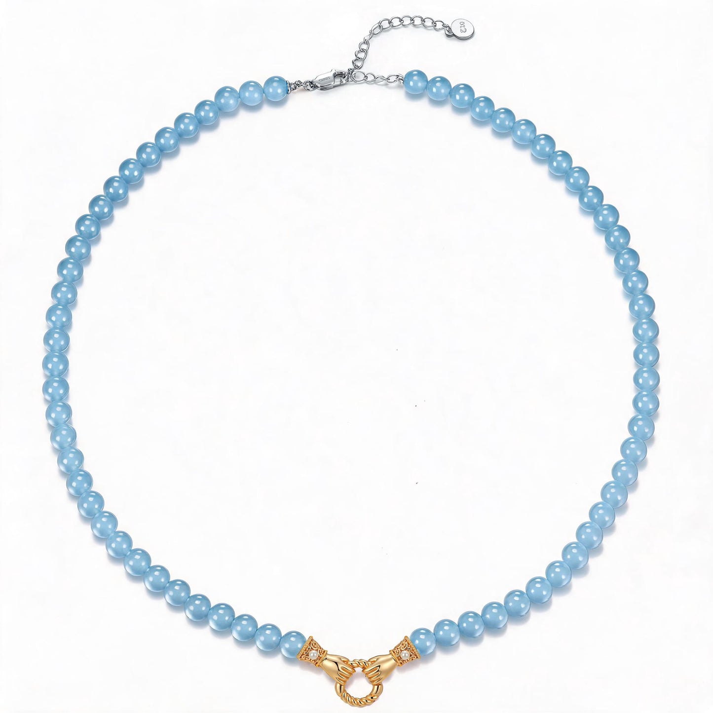 Claddagh Unity Hand Clasp Aquamarine Chalcedony Necklace in Tarnish-Resistant Silver with 14K Gold Plating