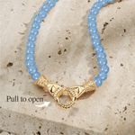 Claddagh Unity Hand Clasp Interchangeable Dangle Charm Holder Aquamarine Chalcedony Beaded Necklace in Tarnish-Resistant Silver