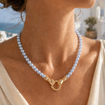 Claddagh Unity Hand Clasp Interchangeable Dangle Charm Holder Aquamarine Chalcedony Beaded Necklace in Tarnish-Resistant Silver